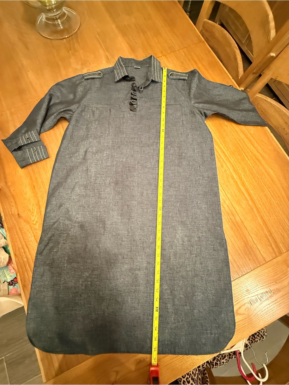 Women's Navy Denim Style Shirt Dress side slits adjustable sleeves Sz Large - Picture 14 of 16